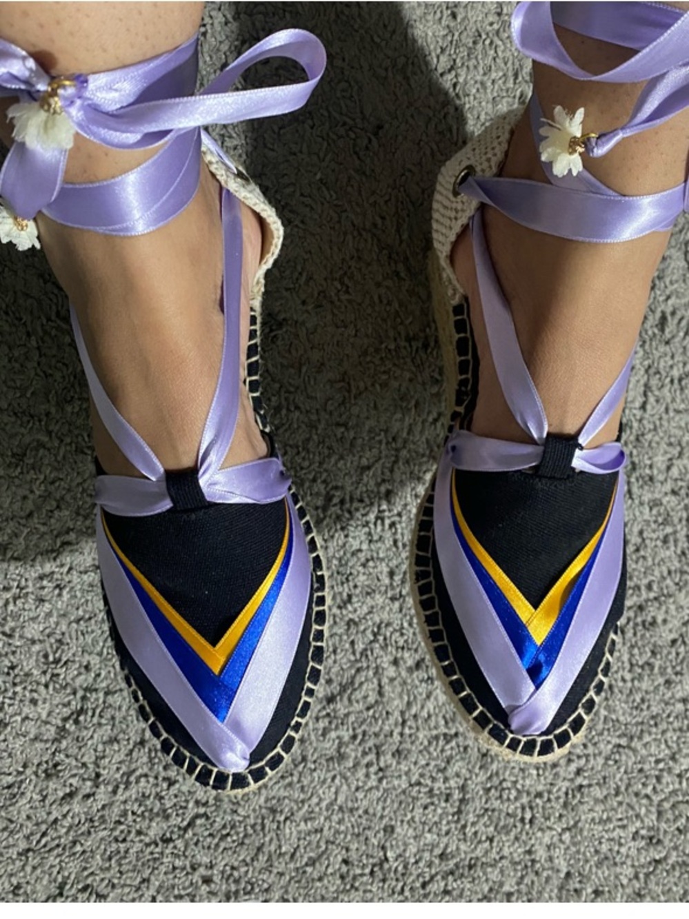 Women’s handmade Lavender Ribbon Espadrille with Blue Accent